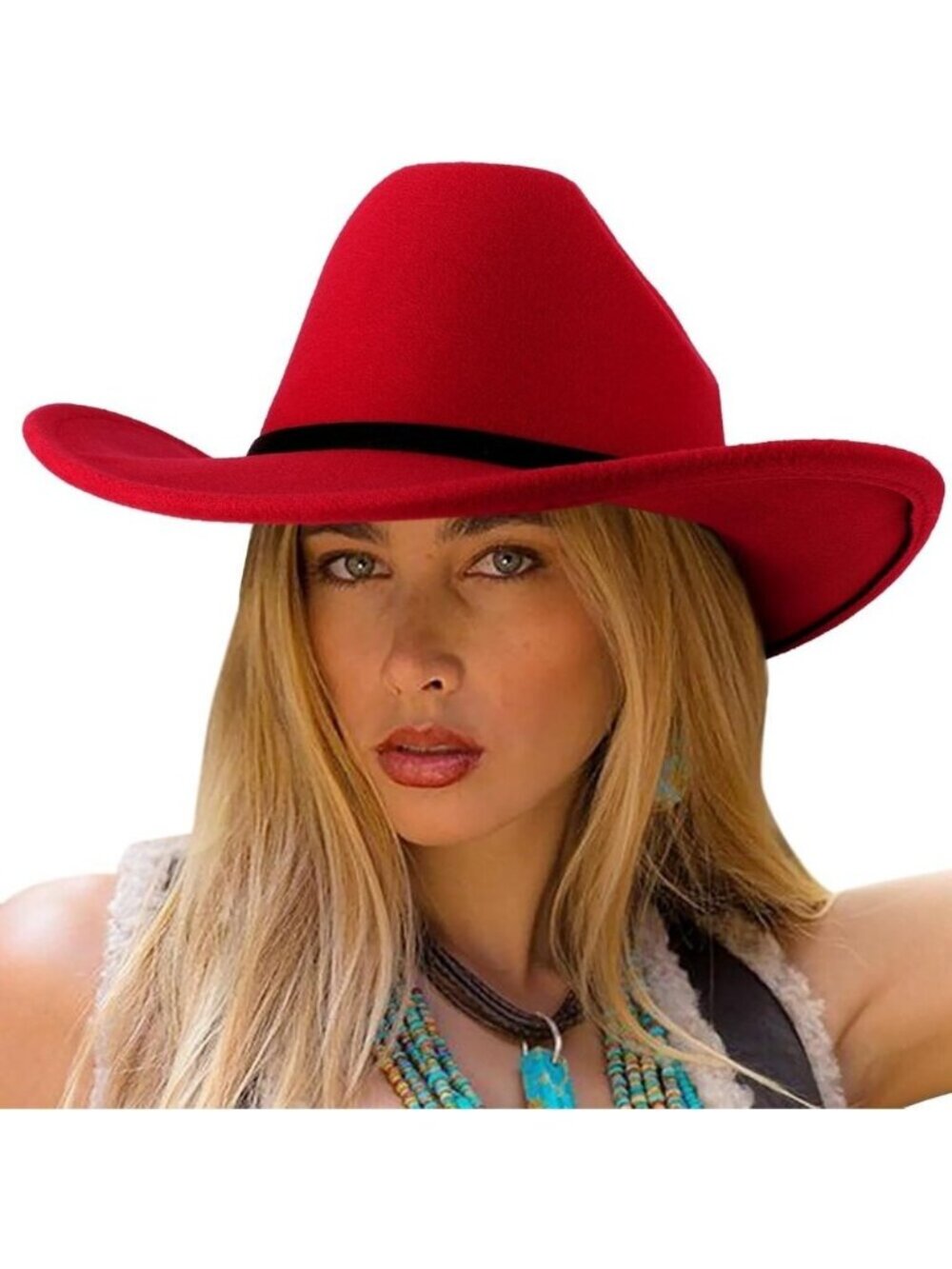 Women's Red Western With Leather Band Classic Brim Fedora Felt Cowboy Hat